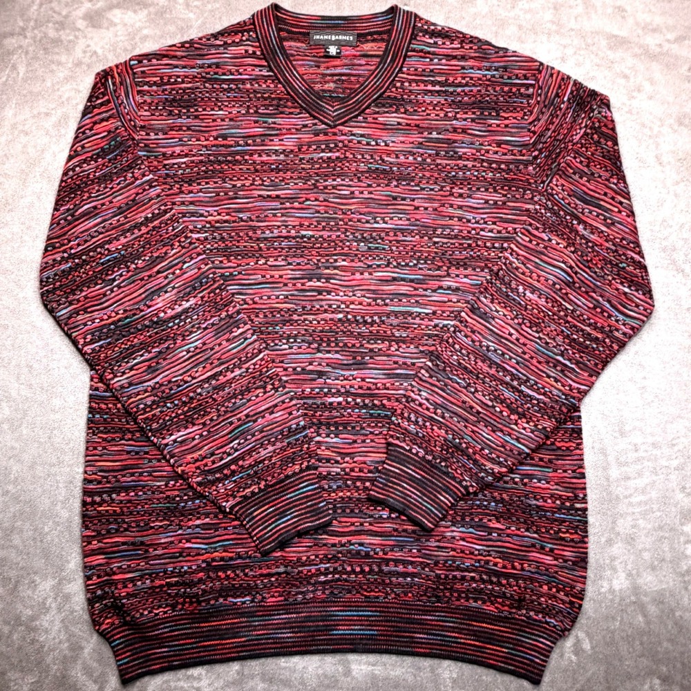 Vtg Jhane Barnes V-Neck Sweater Mens L Red Black Textured Abstract Knit Grandpa